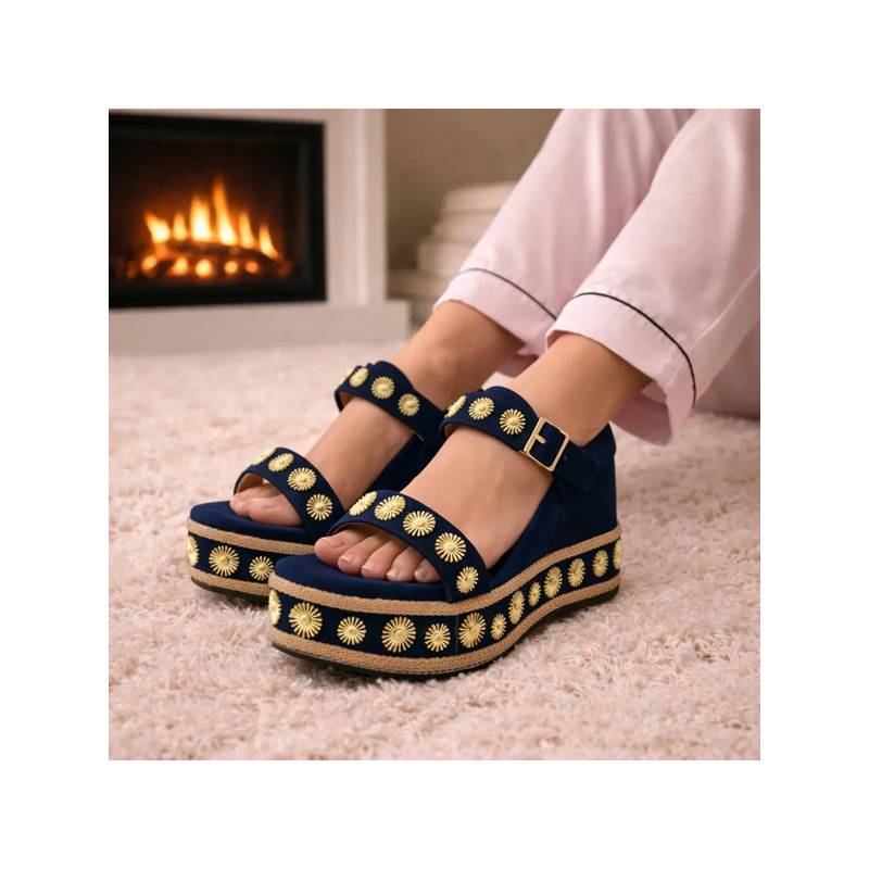 RETTROSE The Jasmine Navy Hand Embellished Luxury Wedge Sandals (UK 3)