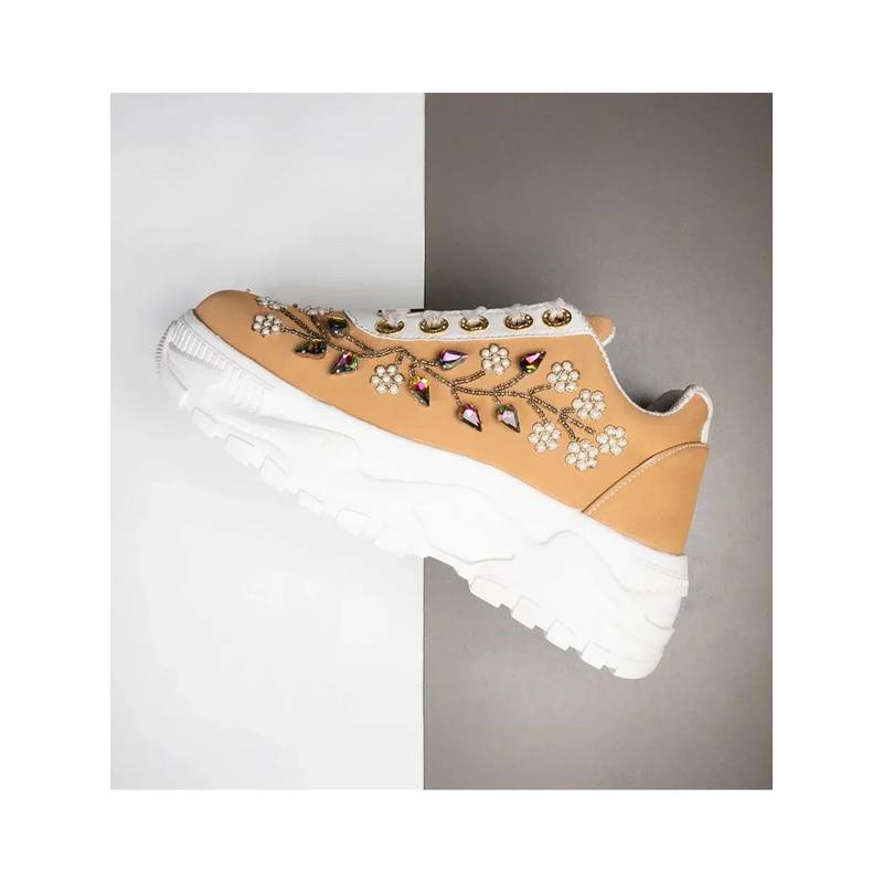 RETTROSE The Joanna Luxury Tan Satin Embellished Trainer (UK 3)