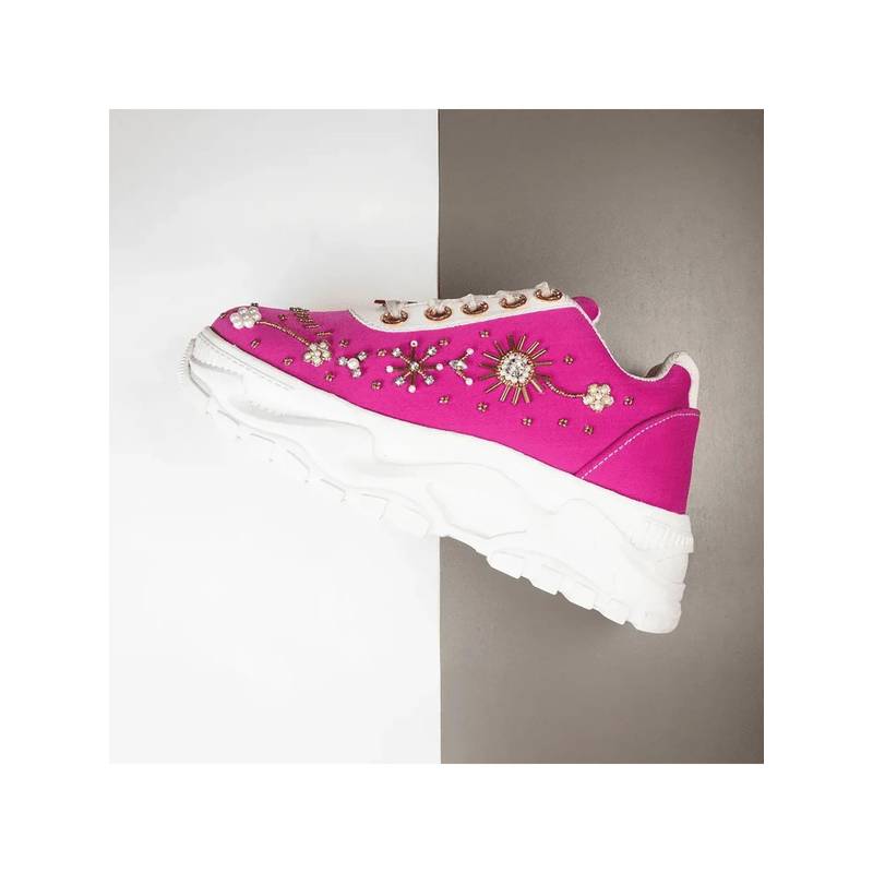 RETTROSE The Annabelle Luxury Hot Pink Satin Embellished Trainer (UK 3)
