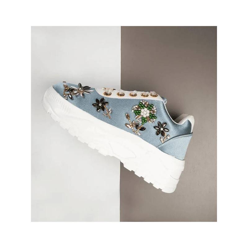 RETTROSE The Raegan Luxury Dusky Blue Satin Embellished Trainer (UK 3)
