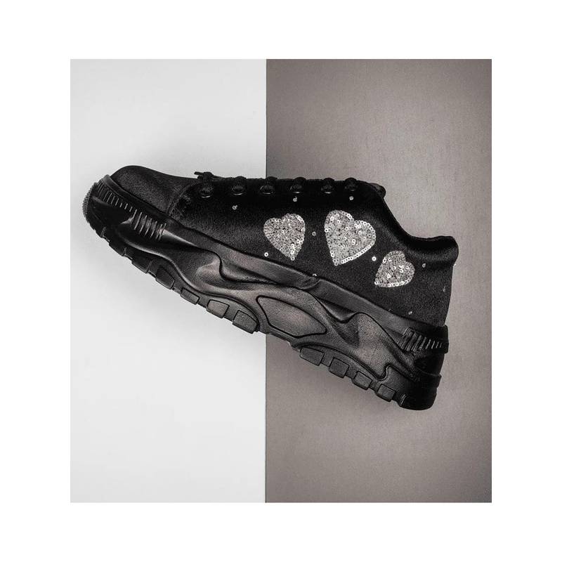 RETTROSE The Aitana Luxury Black Satin Embellished Trainer (UK 3)