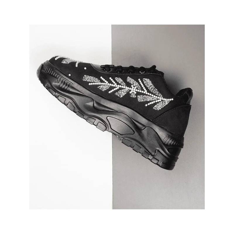 RETTROSE The Harley Luxury Black Satin Embellished Trainer (UK 3)