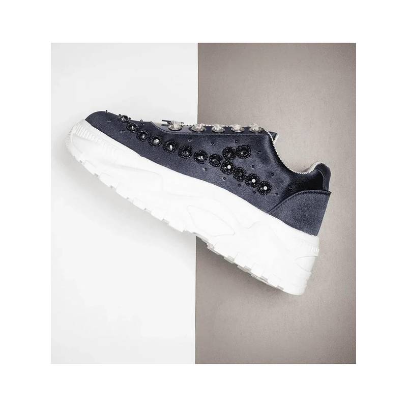 RETTROSE The Evalynn Luxury Navy Blue Satin Embellished Trainer (UK 3)