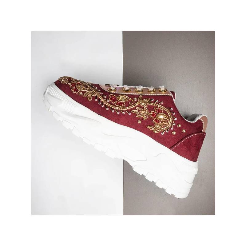 RETTROSE The Rory Luxury Ruby Red Satin Embellished Trainer (UK 3)