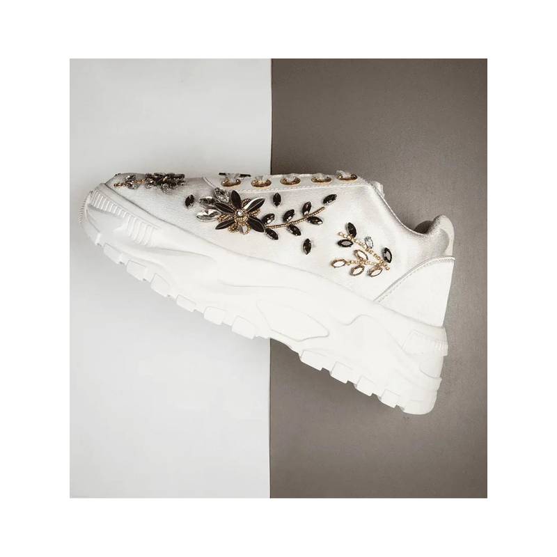 RETTROSE The Gabriella Luxury Cream Satin Embellished Trainer (UK 3)