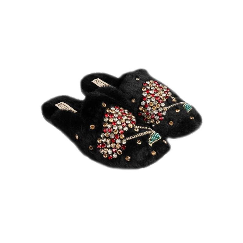 RETTROSE The Georgie Black Luxury Fluffy Embellished Slippers (UK 3)