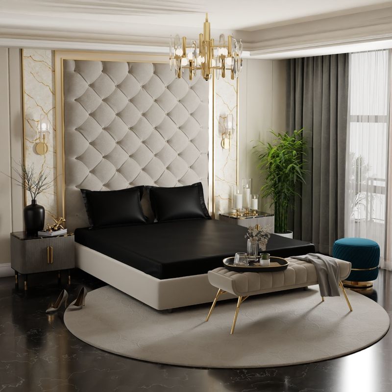 Stoa Paris Black Satin Queen Fitted Sheet with 2 Pillow Covers