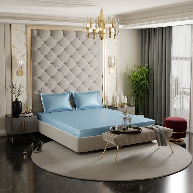 Stoa Paris Blue Satin Super King Fitted Sheet with 2 Pillow Covers