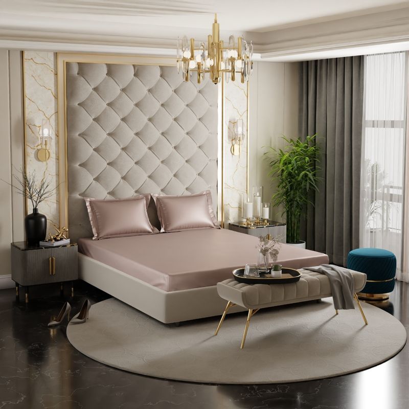 Stoa Paris Beige Satin Double Fitted Sheet with 2 Pillow Covers