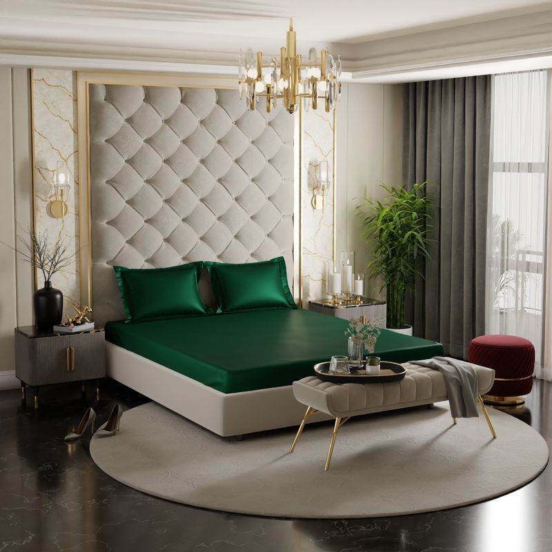 Stoa Paris Dark Green Satin Double Fitted Sheet with 2 Pillow Covers