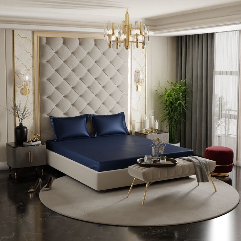 Stoa Paris Navy Blue Satin Queen Fitted Sheet with 2 Pillow Covers