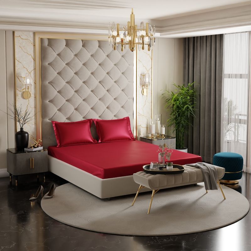 Stoa Paris Red Satin Double Fitted Sheet with 2 Pillow Covers