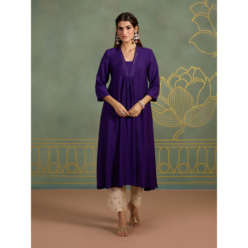 Likha Viscose Silk Blend Plunge Neck Solid Kurta With Sequin Embroidery LIKBASKU52 (L)