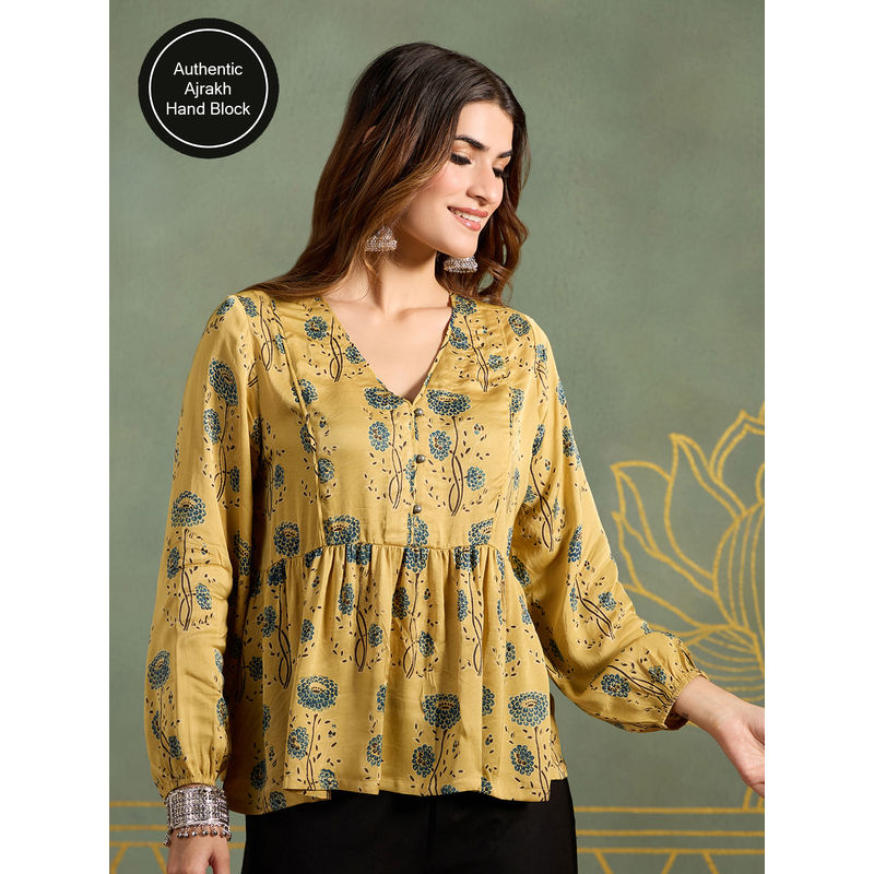 Likha Authentic Ajrakh Modal Silk Hand Block Printed Tunic Top LIKBPTP02 (M)