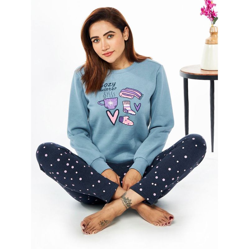 July Nightwear Winter Collection For Women Blue Fleece Track Suit with Round Neck (2XL)