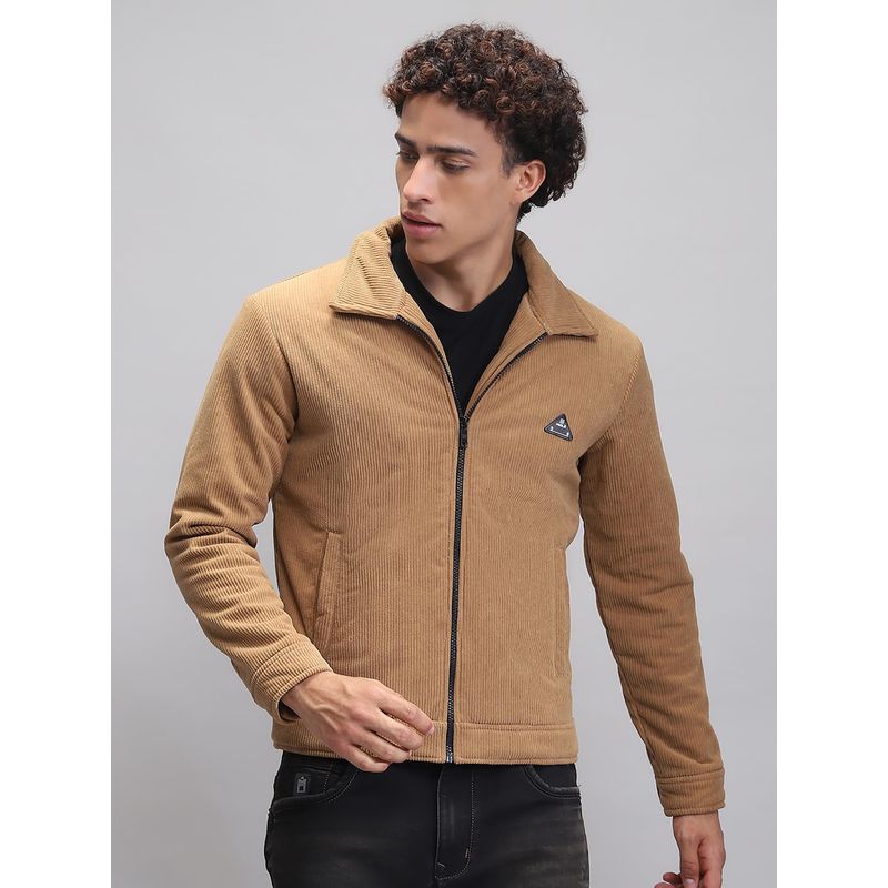 Rock.it Men Solid Camel Collar Neck Full Sleeve Jacket (M)