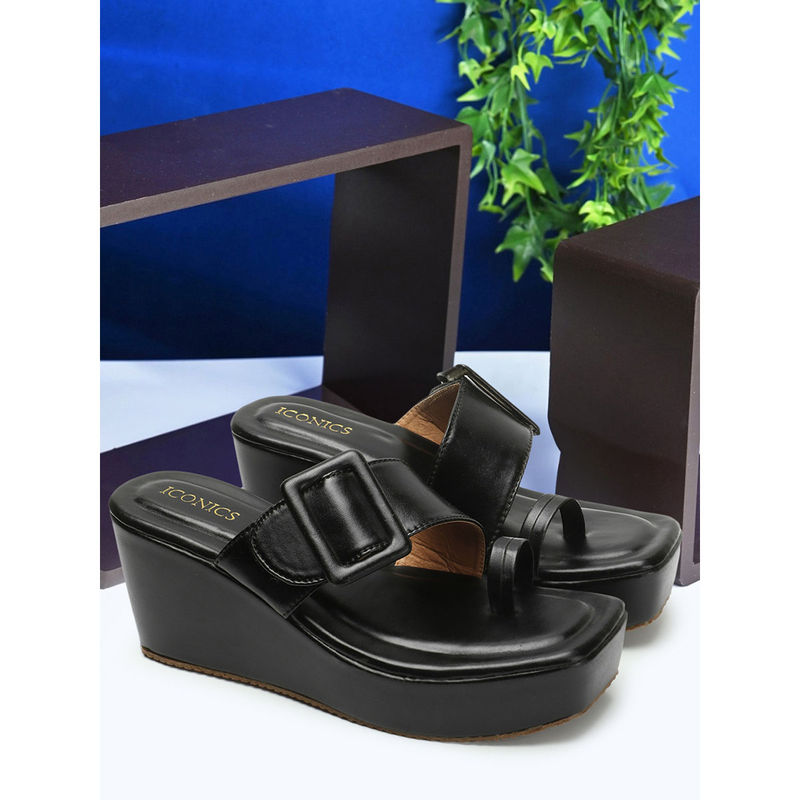 Iconics Womens Black Color Slip On Solid Comfortable Wedges (EURO 37)