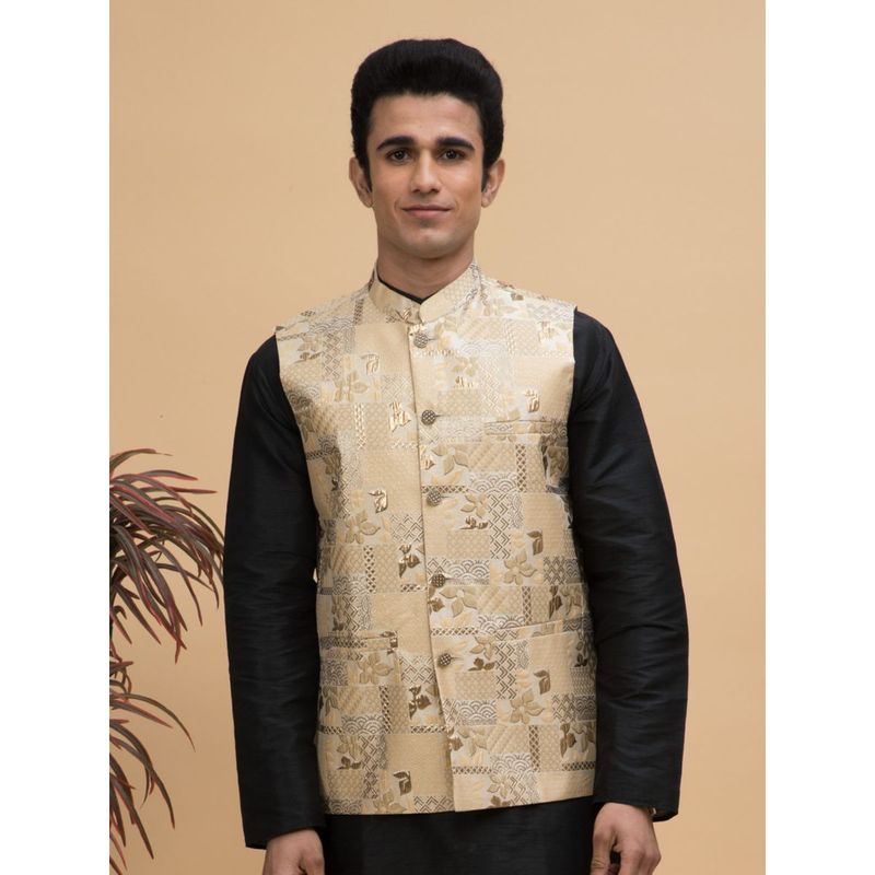 NEUDIS Men Beige Jacquard Silk Blend Nehru Jacket (36)