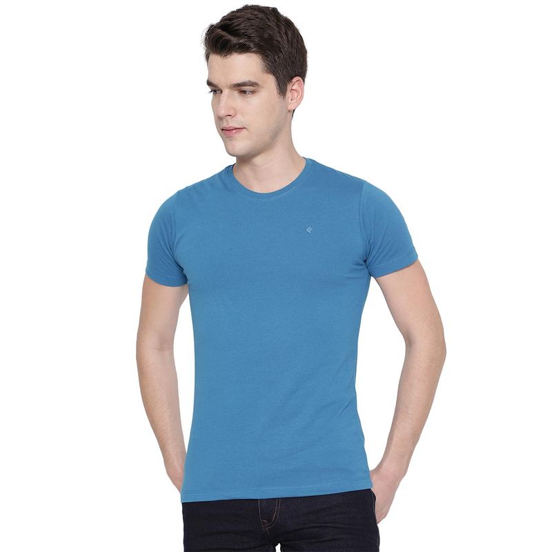Greenfibre Mens Seaport Blue Cotton blend Slim Fit Solid T-Shirt (38)
