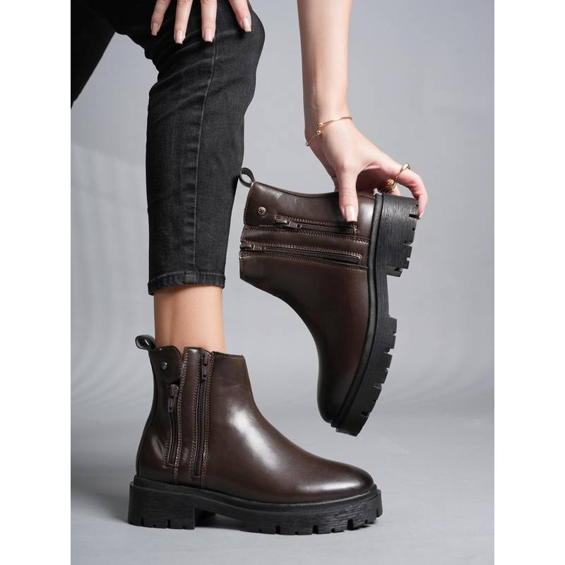 Drop Bold Brown Round Toe Zipper Chunky Casual Boots For Women (EURO 36)