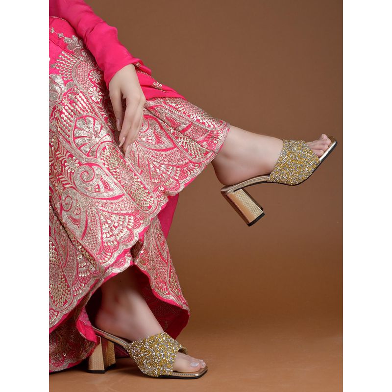 HVNLY by Shoetopia Dazzling Golden Glitter Square Toe Block Heels For Women (EURO 41)