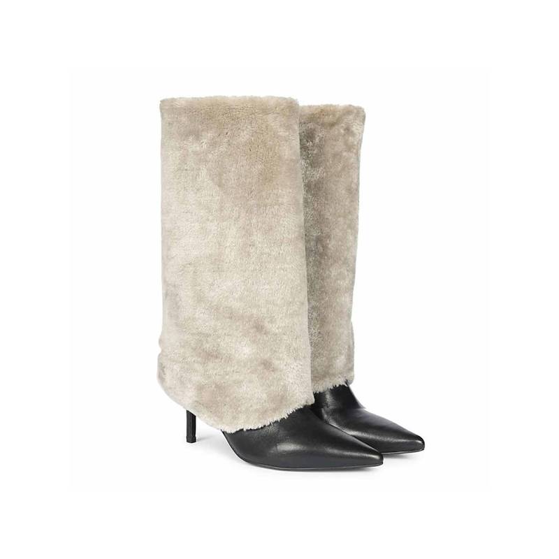 Saint G Women Beige Fur Cuff Leather Calf Casual Boots (EURO 36)