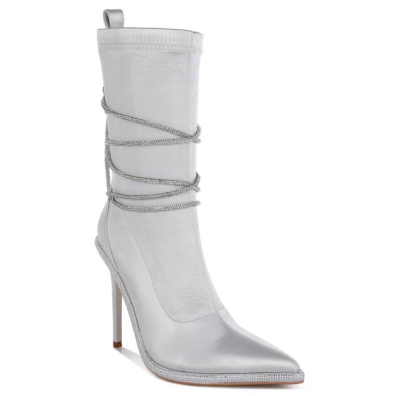 London Rag Silver Rhinestones Strap Satin Calf Casual Boots (EURO 39)