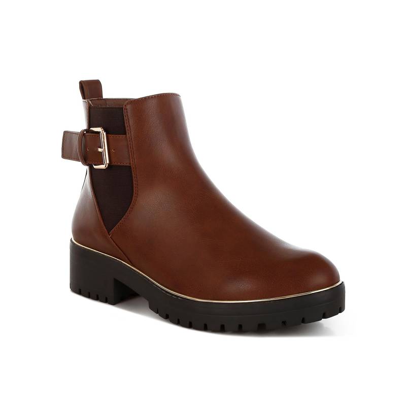 London Rag Women Tan Chunky Buckle Detail Chelsea Boots (EURO 36)