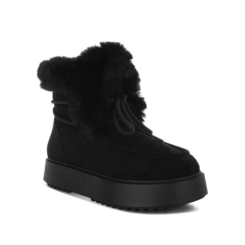 London Rag Women Black Faux Fur Collar Flatform Casual Boots (EURO 39)