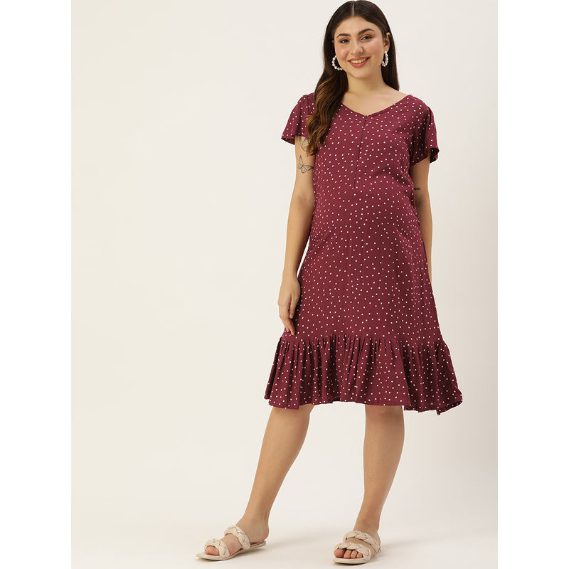 Blush9 Maternity Maroon Concealed Zip Maternity and Nursing Dress (M)