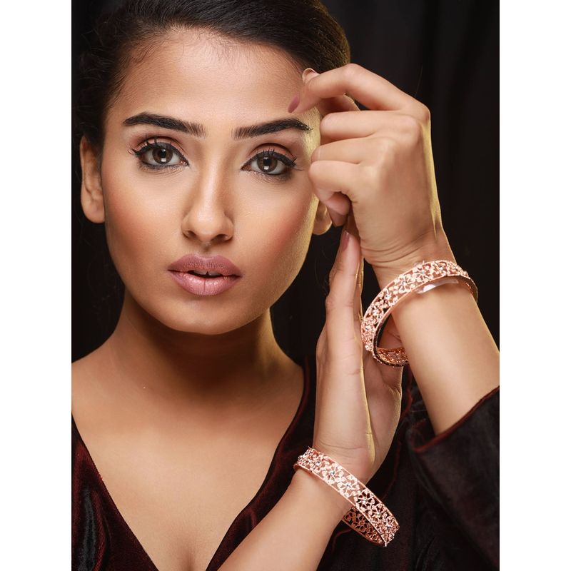 Aatmana Set of 2 Rose Gold Plated Cubic Zirconia Studded Bangle (2.6)