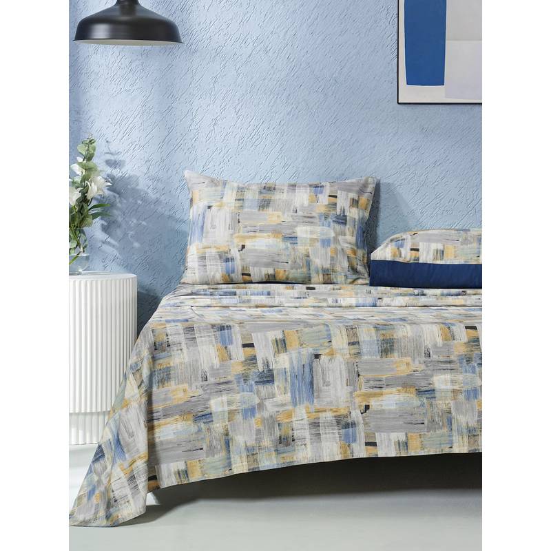 Maspar Blue 200TC Cotton Printed Bedsheet with 2 Pillow Covers (Double)