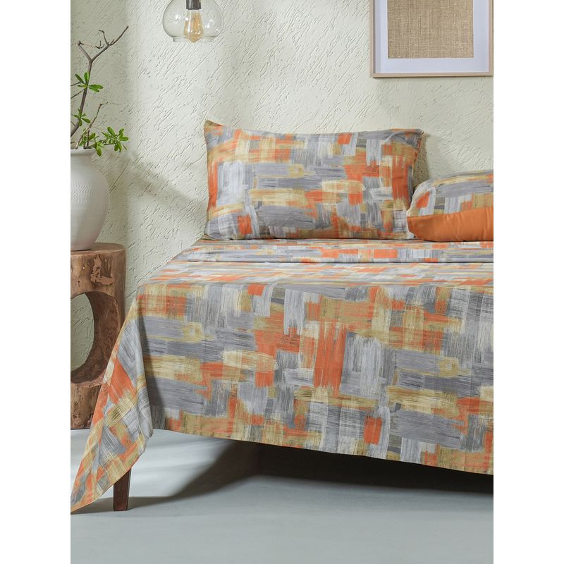 Maspar Orange 200TC Cotton Printed Bedsheet with 2 Pillow Covers (Double)