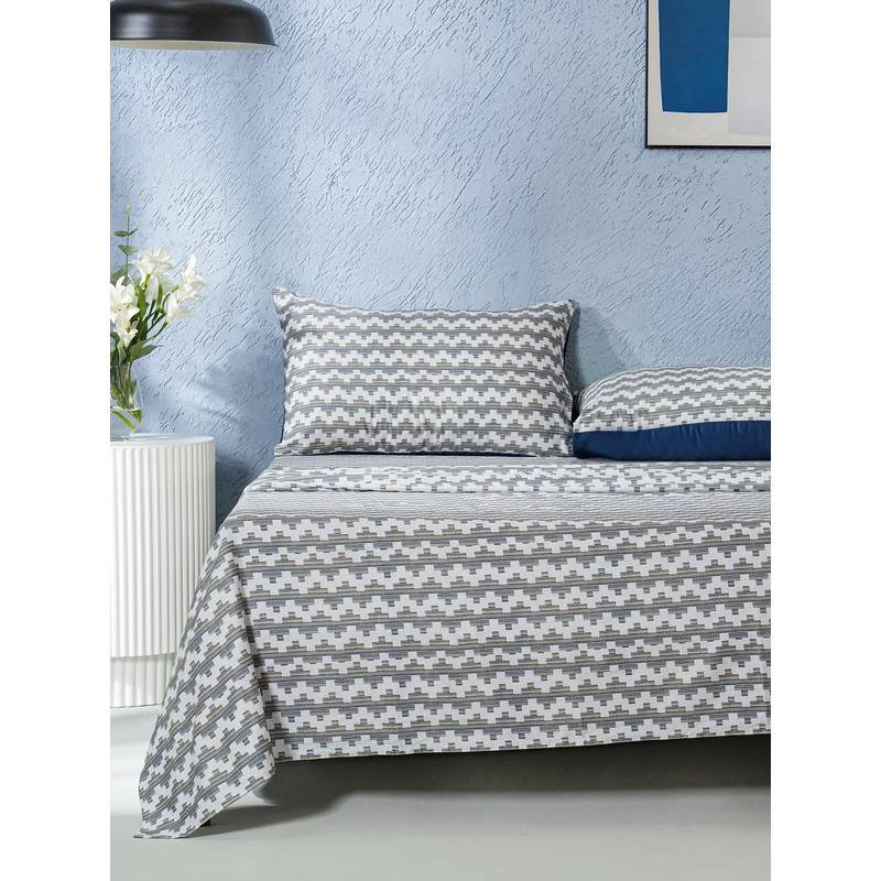 Maspar Blue 200TC Cotton Printed Bedsheet with 2 Pillow Covers (Double)