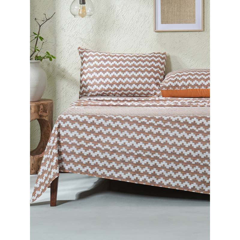 Maspar Orange 200TC Cotton Printed Bedsheet with 2 Pillow Covers (Double)