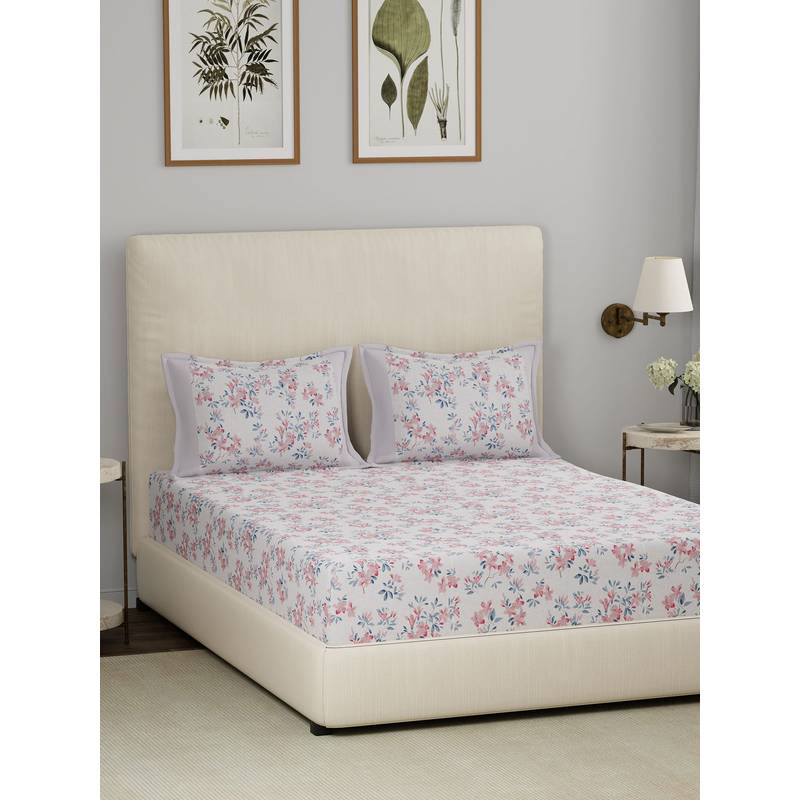 Maspar Pink 200TC Cotton Floral Print Bedsheet with 2 Pillow Covers (King)