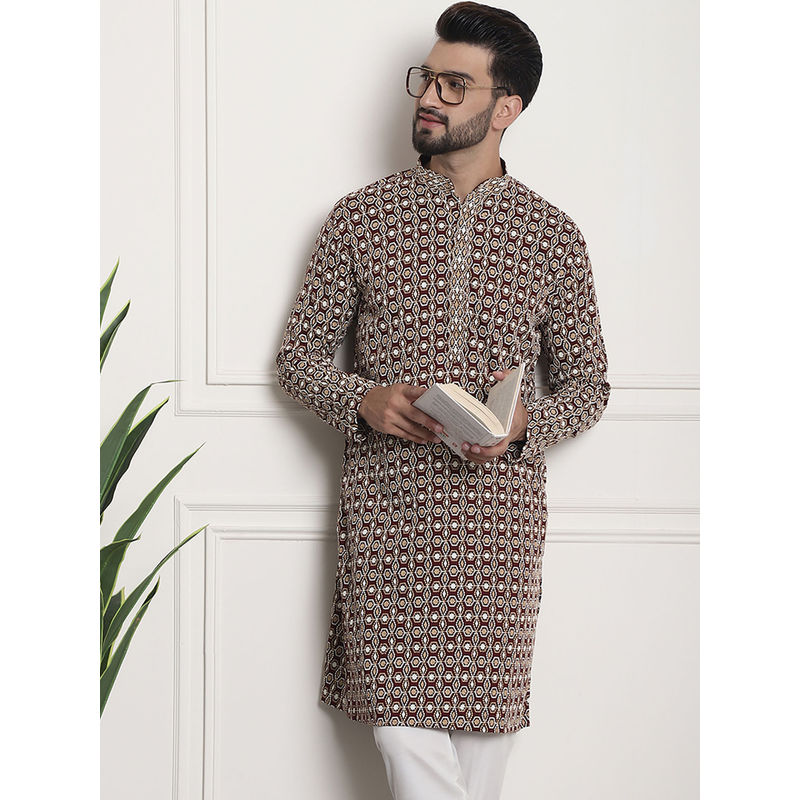 SOJANYA Men Cotton Maroon Kurta with Designer All Over Embroidery (S)