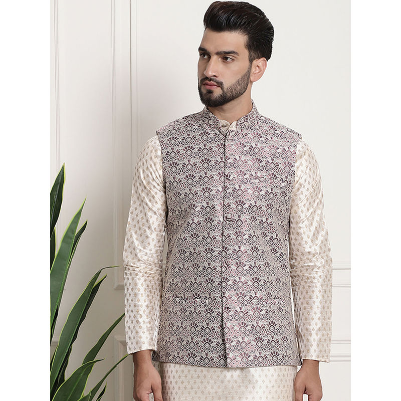 SOJANYA Men Jacquard Silk Wine Color Nehru Jacket (S)