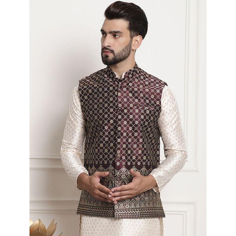SOJANYA Men Jacquard Silk Wine Color Nehru Jacket with Traditional Work on Bottom (M)
