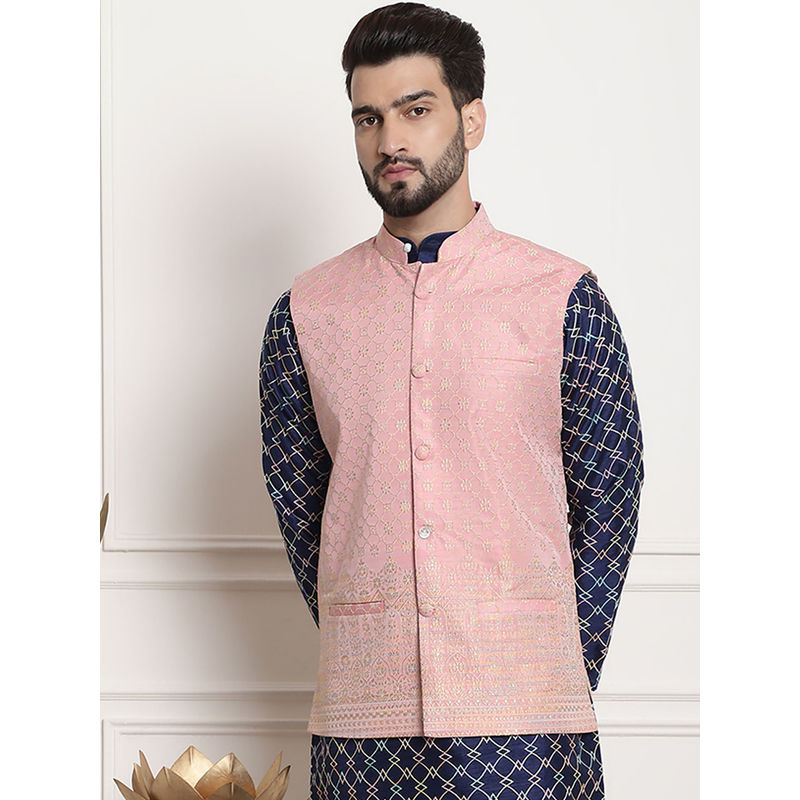 SOJANYA Men Jacquard Silk Pink Color Nehru Jacket with Traditional Work on Bottom (S)