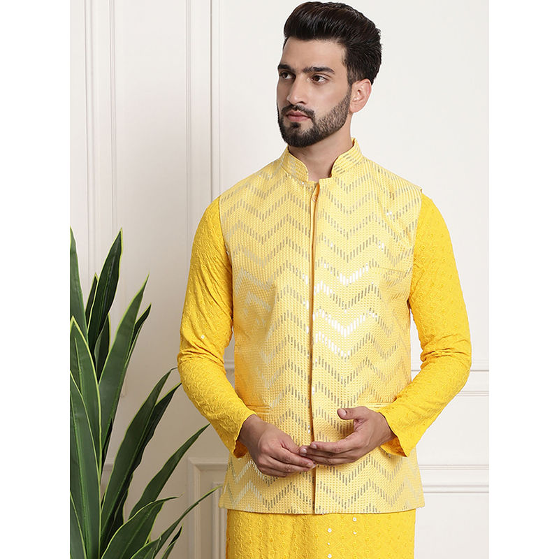 SOJANYA Men Silk Blend Yellow Sequence Embroidered Yellow Color Nehru Jacket (M)
