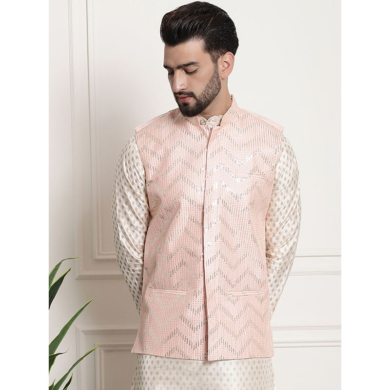 SOJANYA Men Silk Blend Peach Sequence Embroidered Peach Color Nehru Jacket (S)