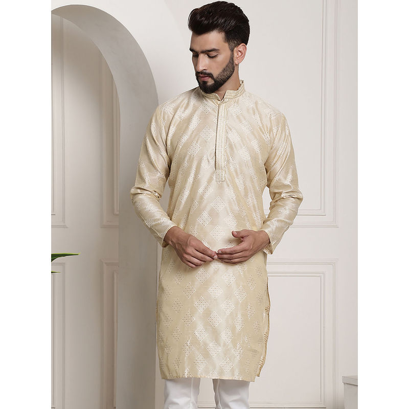 SOJANYA Men Jacquard Silk Cream Embroidered Long Kurta (S)