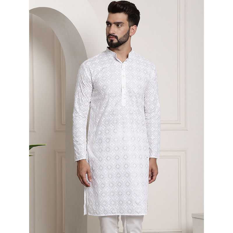 SOJANYA Men Cotton Embroidered with Gold Sequin White Colour Long Kurta (S)