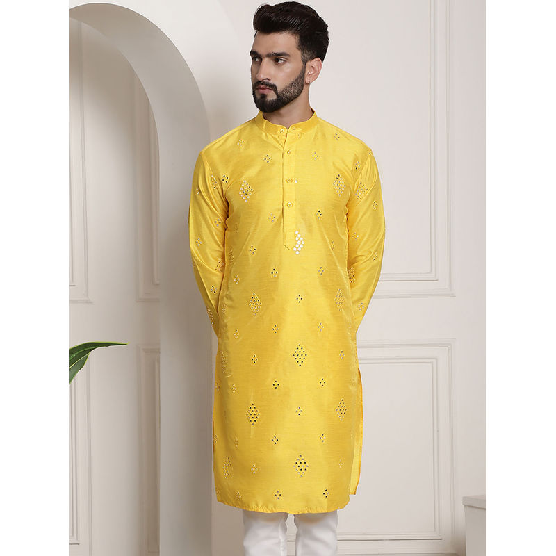 SOJANYA Men Silk Blend Mirror Work Mango Yellow Long Kurta (S)