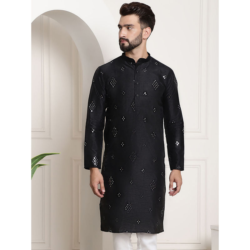 SOJANYA Men Silk Blend Mirror Work Black Long Kurta (XL)