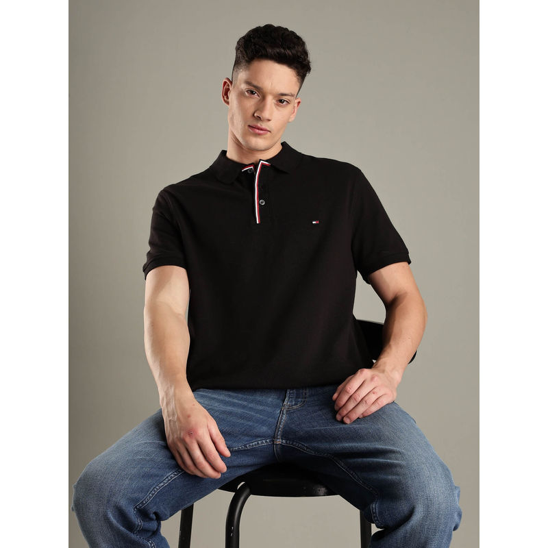 Tommy Hilfiger Black Solid Regular Fit Cotton Polo T-shirt (M)