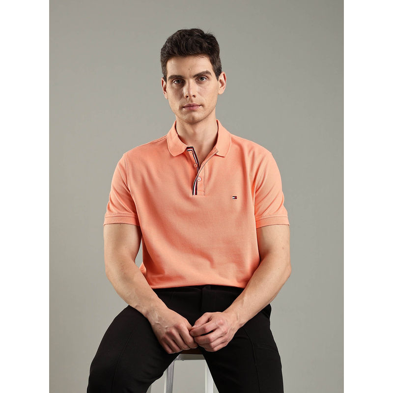 Tommy Hilfiger Peach Solid Regular Fit Cotton Polo T-shirt (M)
