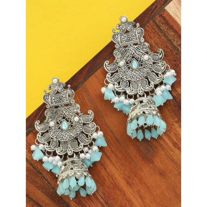 Turquoise Blue - Saanjh Bela Leaf Oxidised Drop Earrings