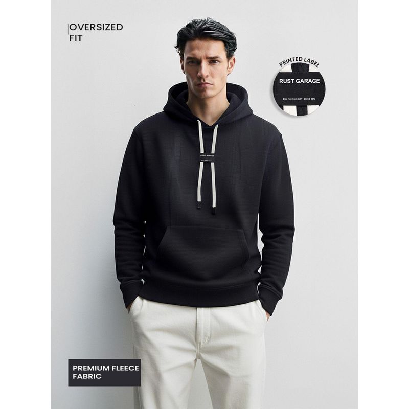 The Indian Garage Co Men Oversized Fit Textured Full Sleeves Hoodie - Black (M)